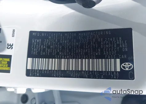 2025 Toyota Corolla Le z USA, uszkodzony, nr VIN 5YFB4MDE2SP285206